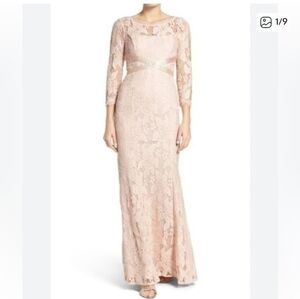 ADRIANNA PAPELL Regency Bridgerton Lace Gown Maxi Dress Blush Pink Wedding Fairy